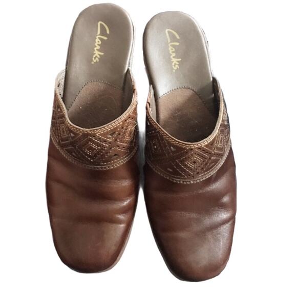 Clarks Leather Laser Cut Mules - Picture 1 of 3